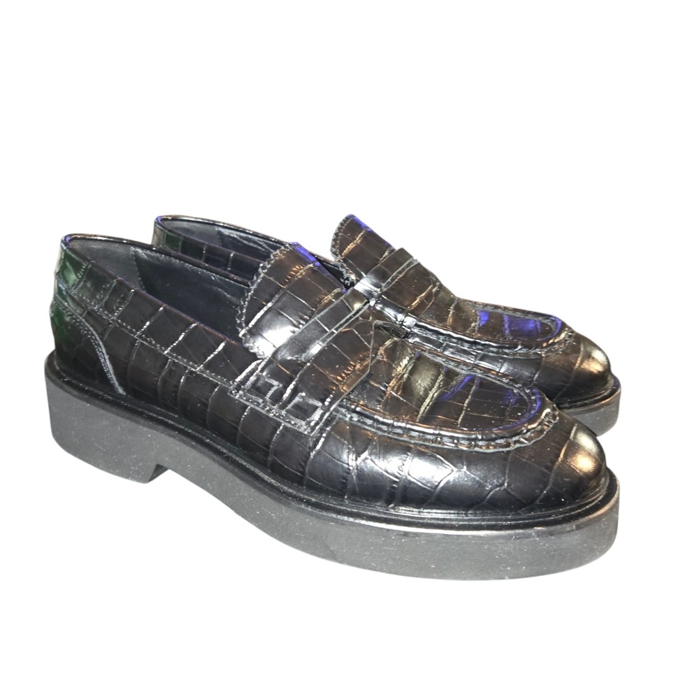 Aquatalia Italy Marice Penny Loafers Women 9.5 Black Croc Embossed Platform